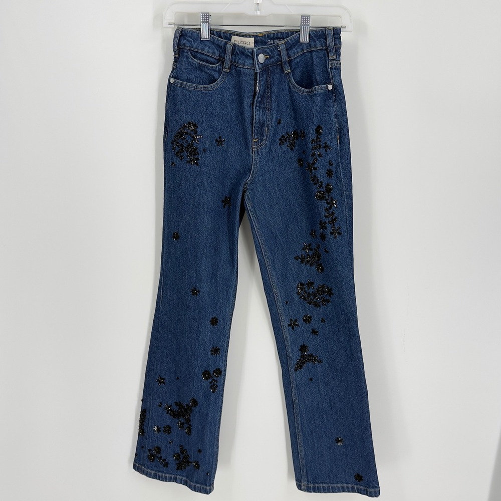 Pilcro Anthropologie‎ Beaded Floral Embroidered Jeans Blue Denim Size 24
